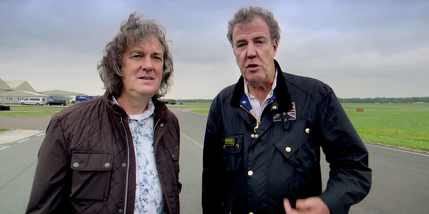 Clarkson and May standing on a race track on Top Gear