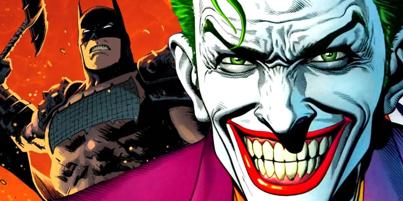 Comic book art: a classic version of the Joker grins in front of Absolute Batman.