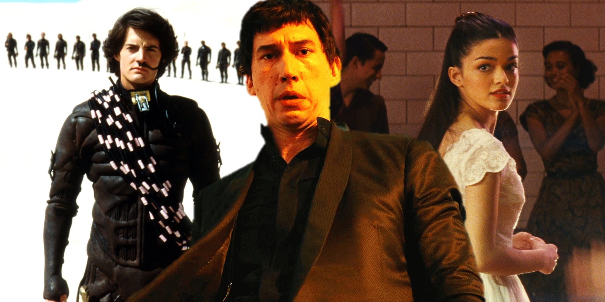 Collage of Kyle MacLachlan in Dune, Adam Driver in Megalopolis, and Rachel Zegler in West Side Story