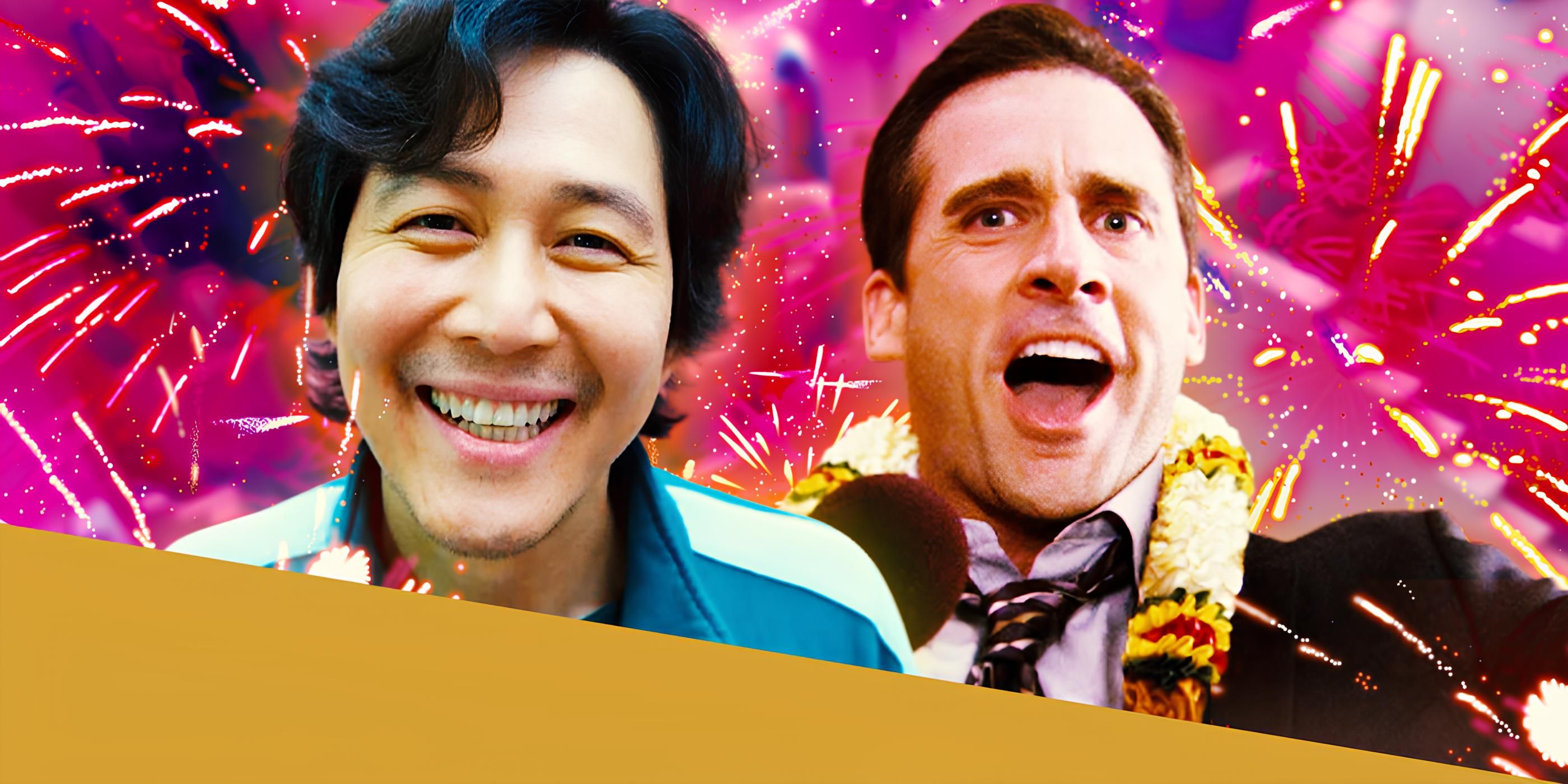 Collage of Squid Games and Steve Carrell as Michael Scott in the Office in Front of Fireworks