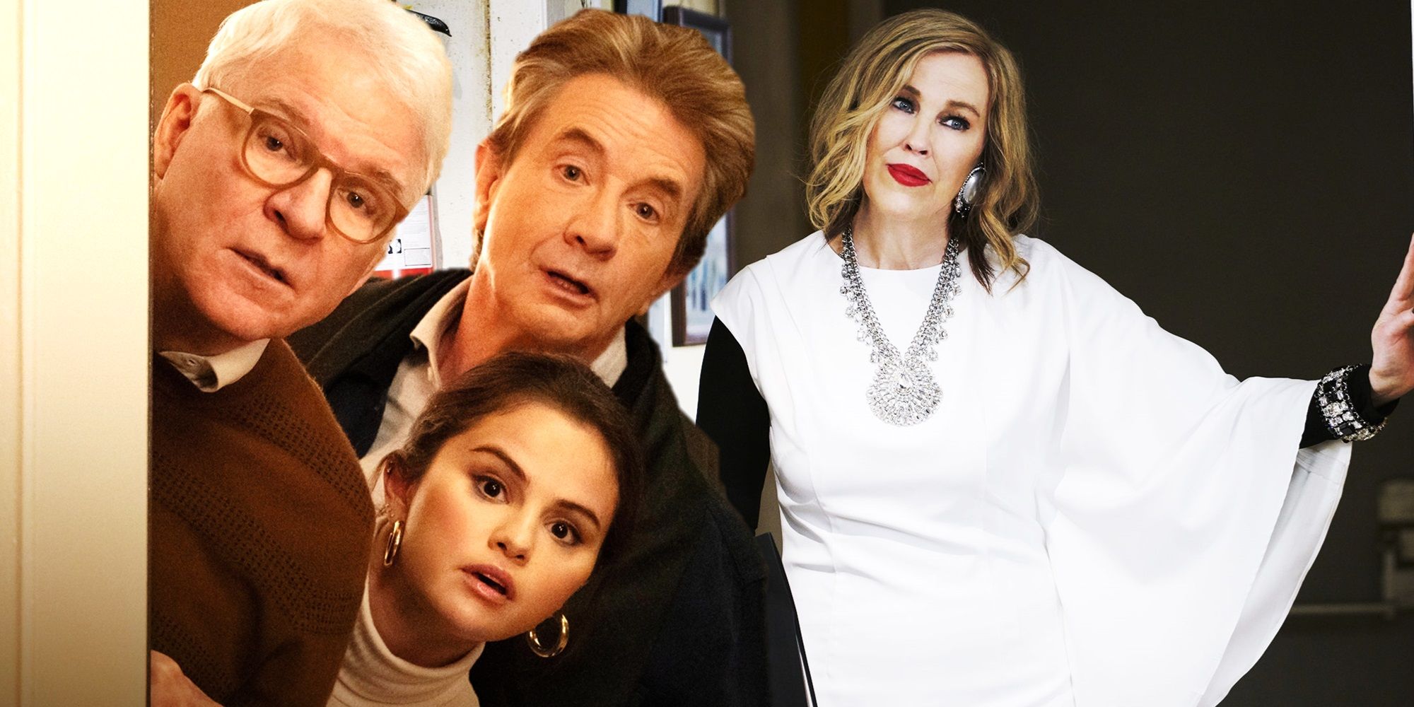 Collage of Steve Martin, Martin Short, and Selena Gomez in Only Murders in the Building and Catherine O&rsquo;Hara in Schitt&rsquo;s Creek