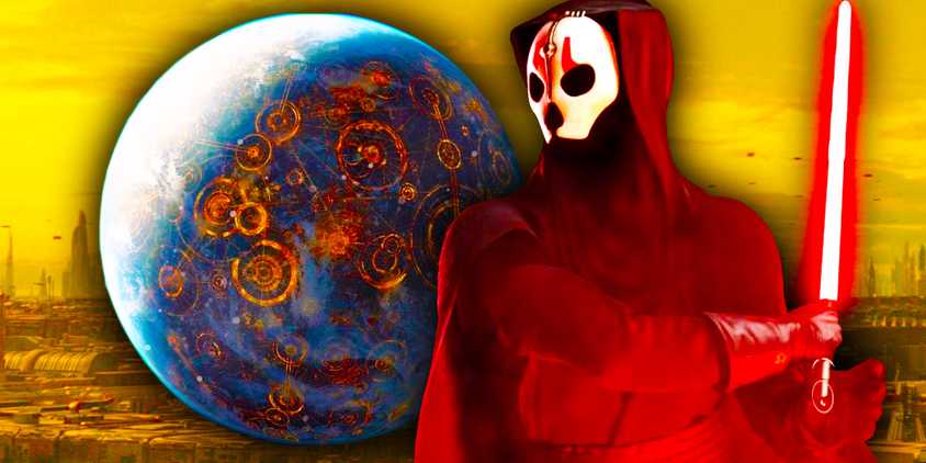 A yellow hued image of Coruscant in the background with an image of Coruscant from a distance and Darth Darth Nihilus holding a red lightsaber to the right