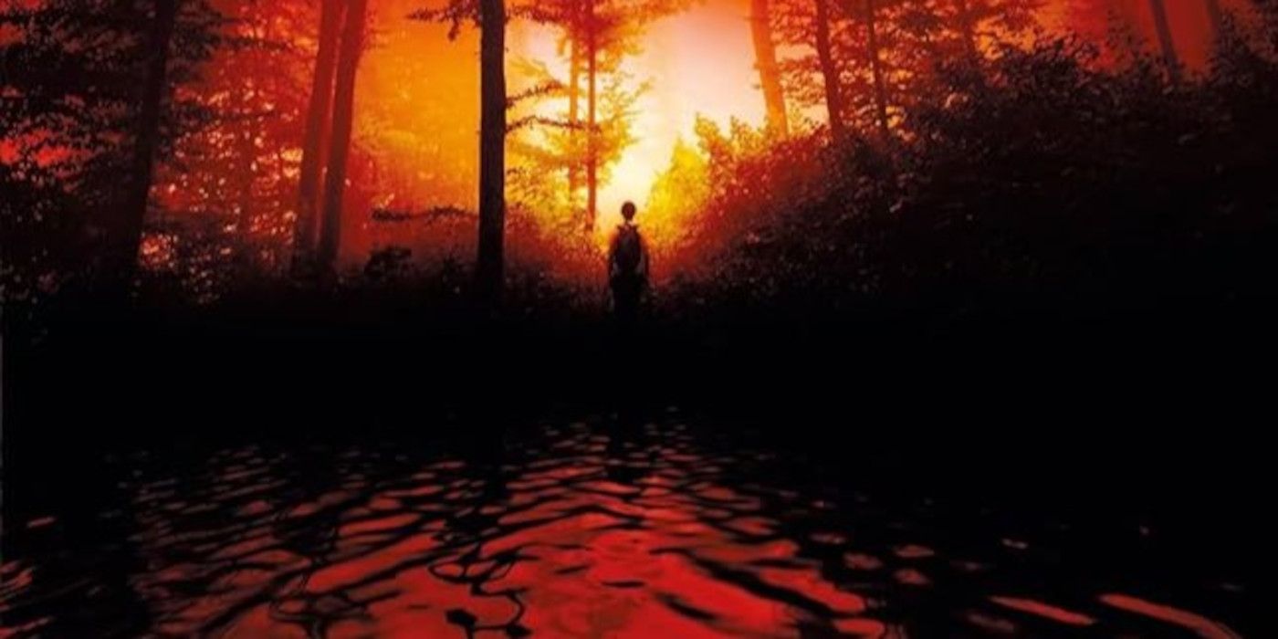 Cover of The Narrows by Ronald Malfi featuring a shadow walking into the woods with the son casting a red glow