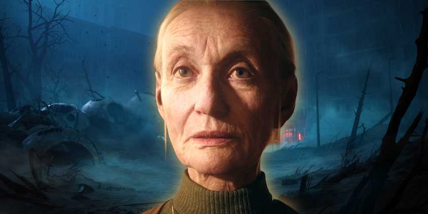 An older woman from Cronos: The New Dawn in front of brutalist architecture.