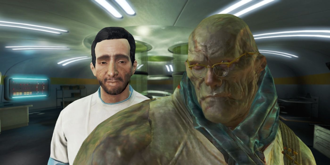 Human and Super Mutant versions of Virgil in Fallout 4 with lab in the background.