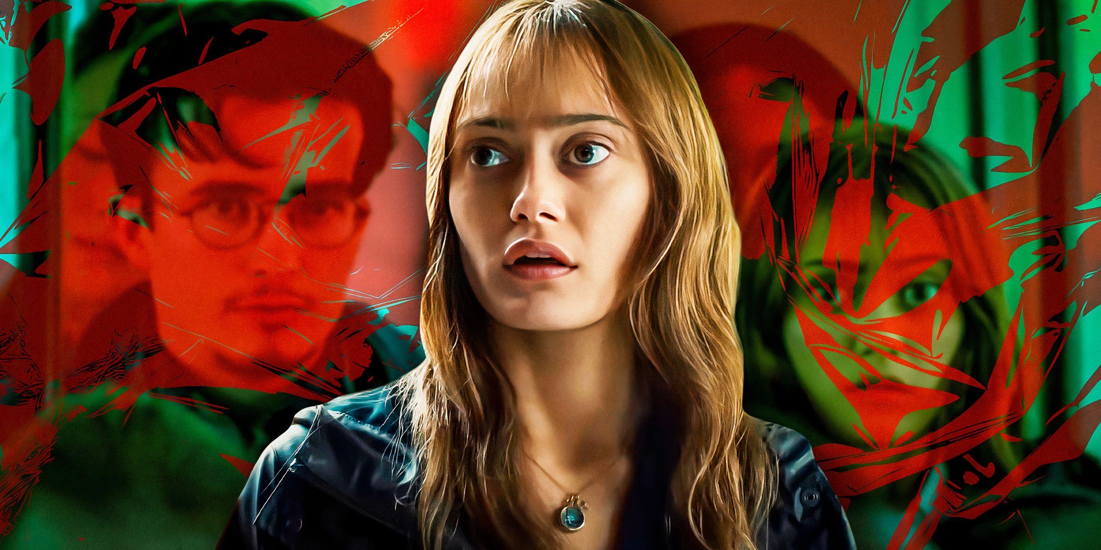 Custom image of Ella Purnell as Rhiannon Lewis in front of a bloody background featuring faces in Sweetpea