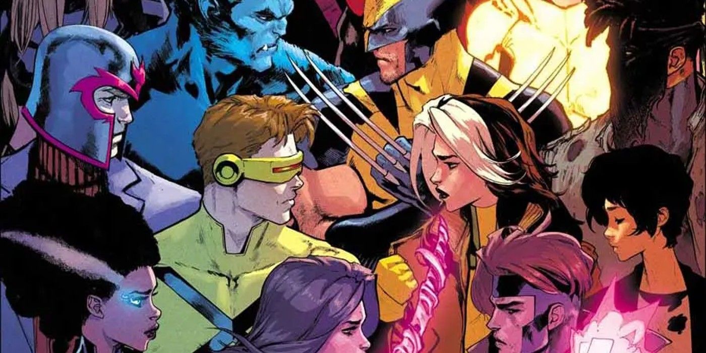 Comic book art: cyclops' x-men faces off against rogue's x-men.