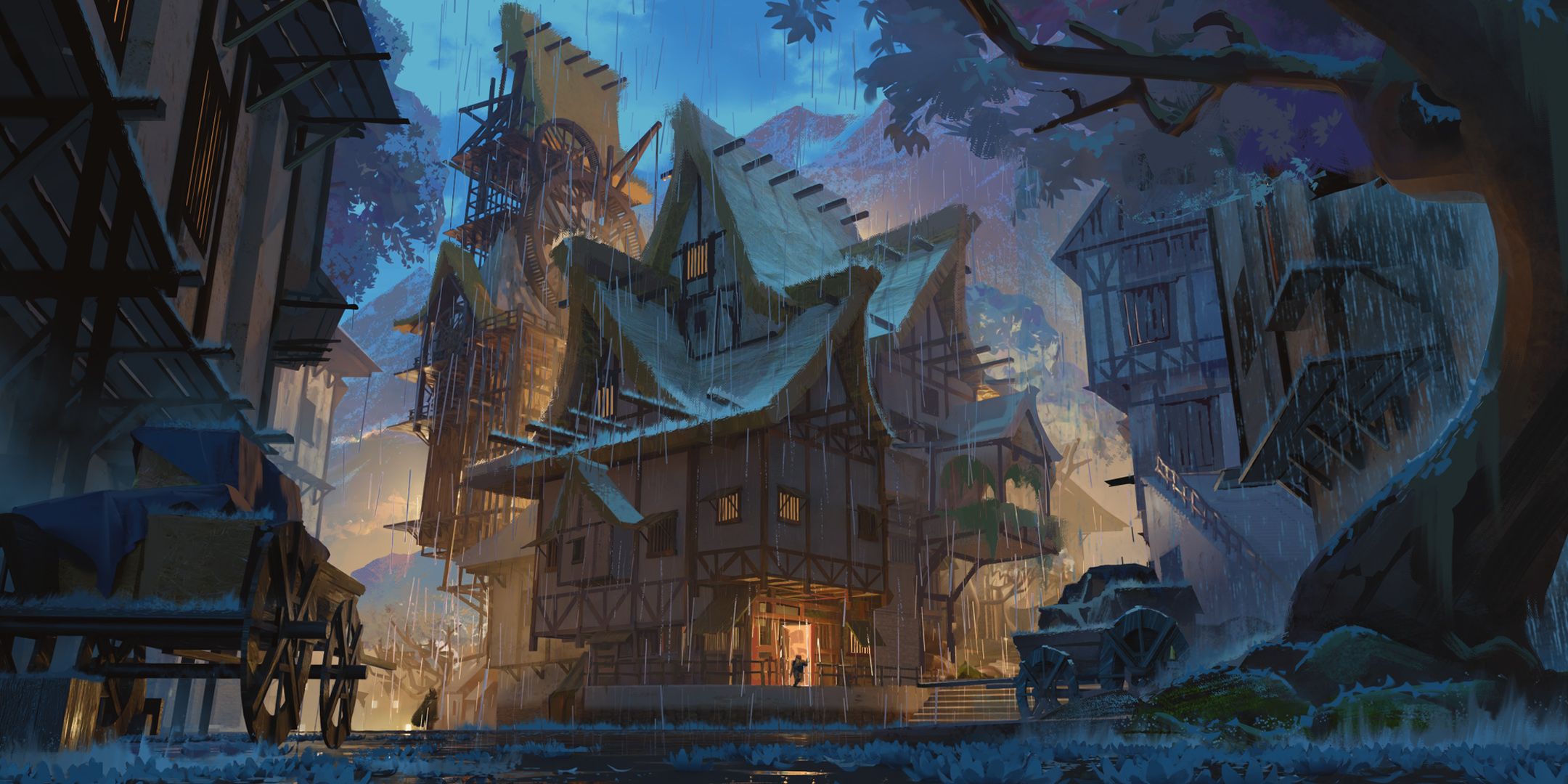 D&D Dungeon Master's Guide Rogue Bastion in a rainy town environment.