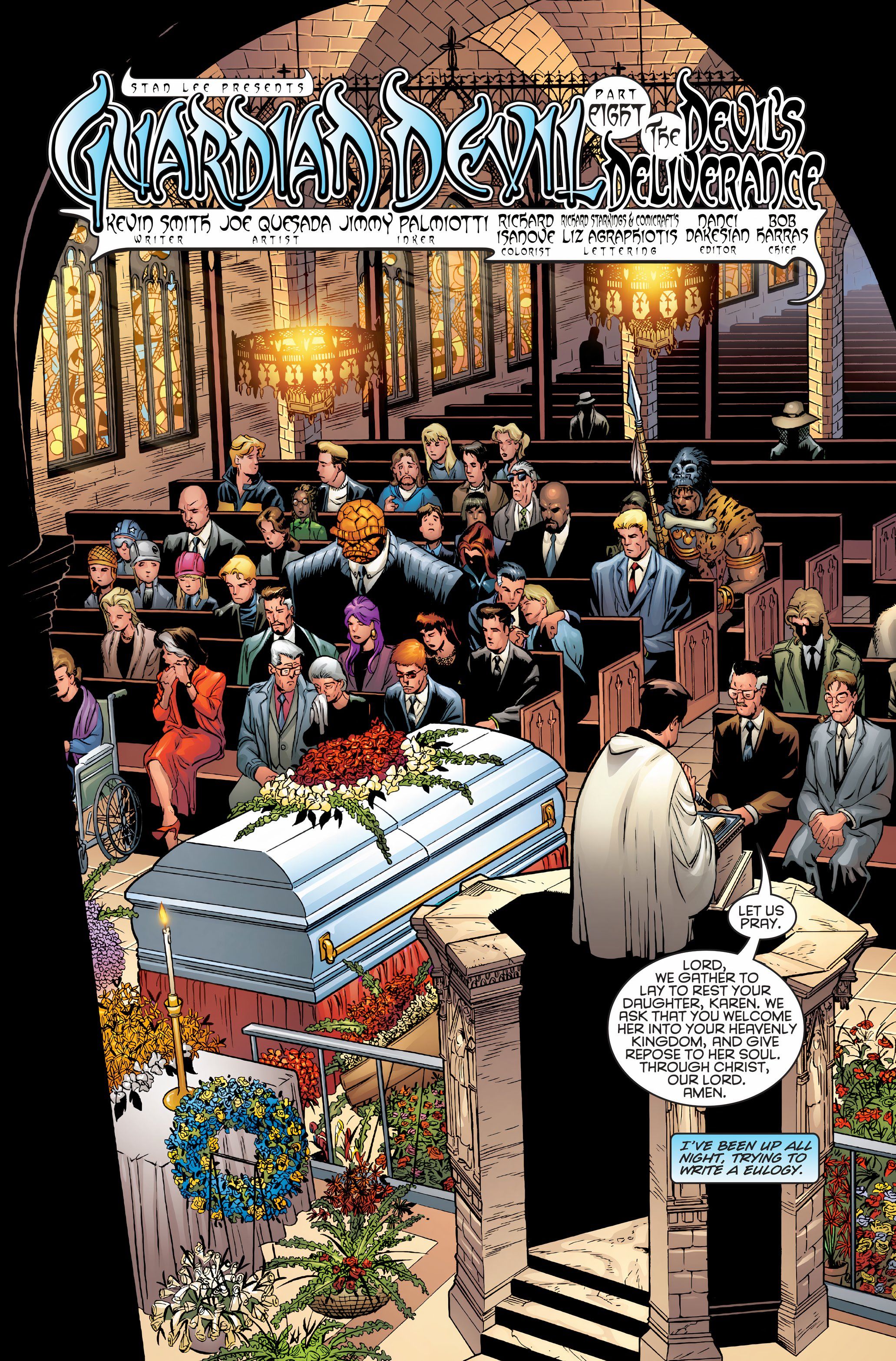 Stan Lee and many Marvel heroes attend Karen Page's funeral.