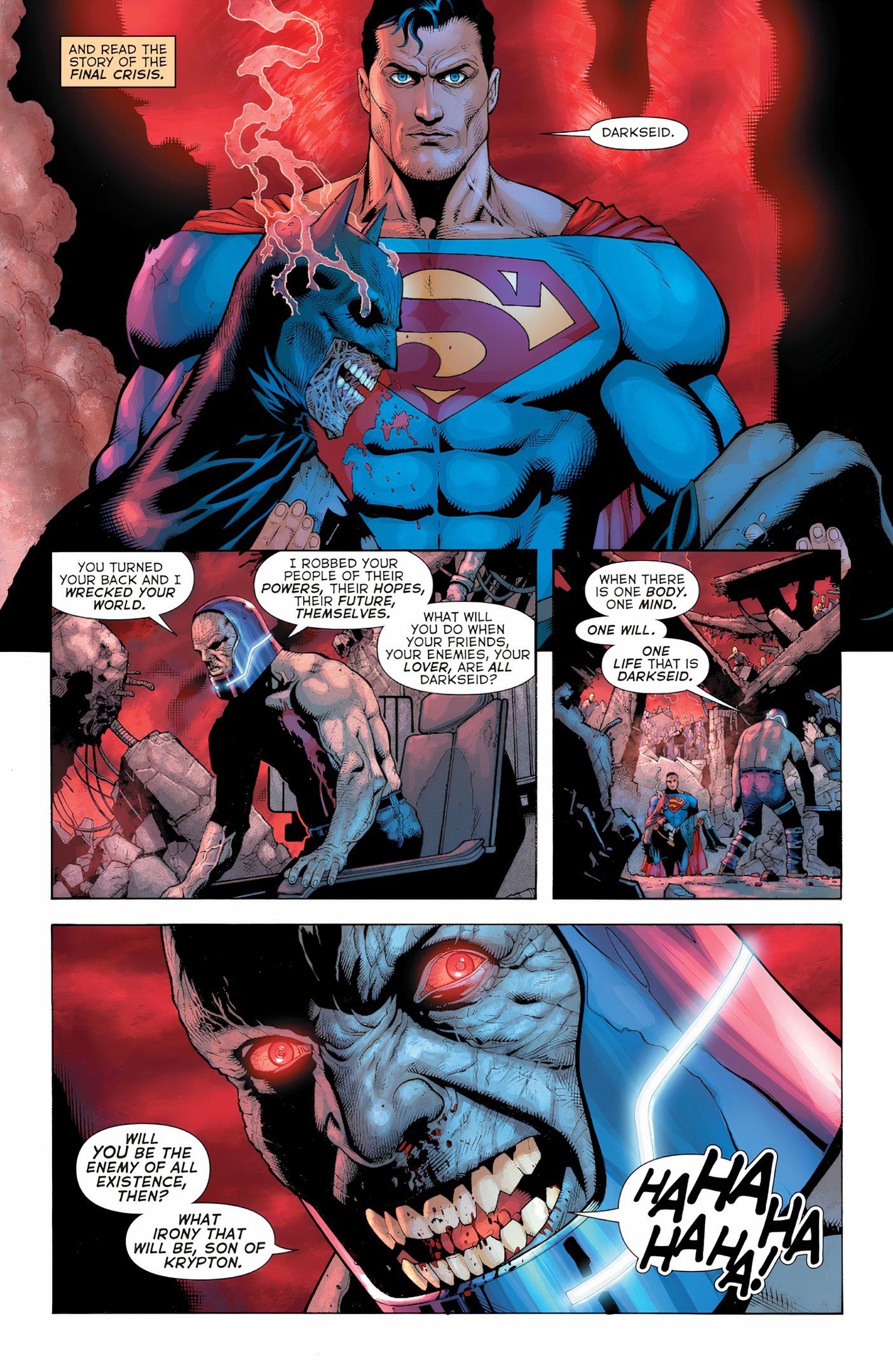 Página de quadrinhos: Darkseid pergunta o que Superman fará quando se tornar inimigo da humanidade.