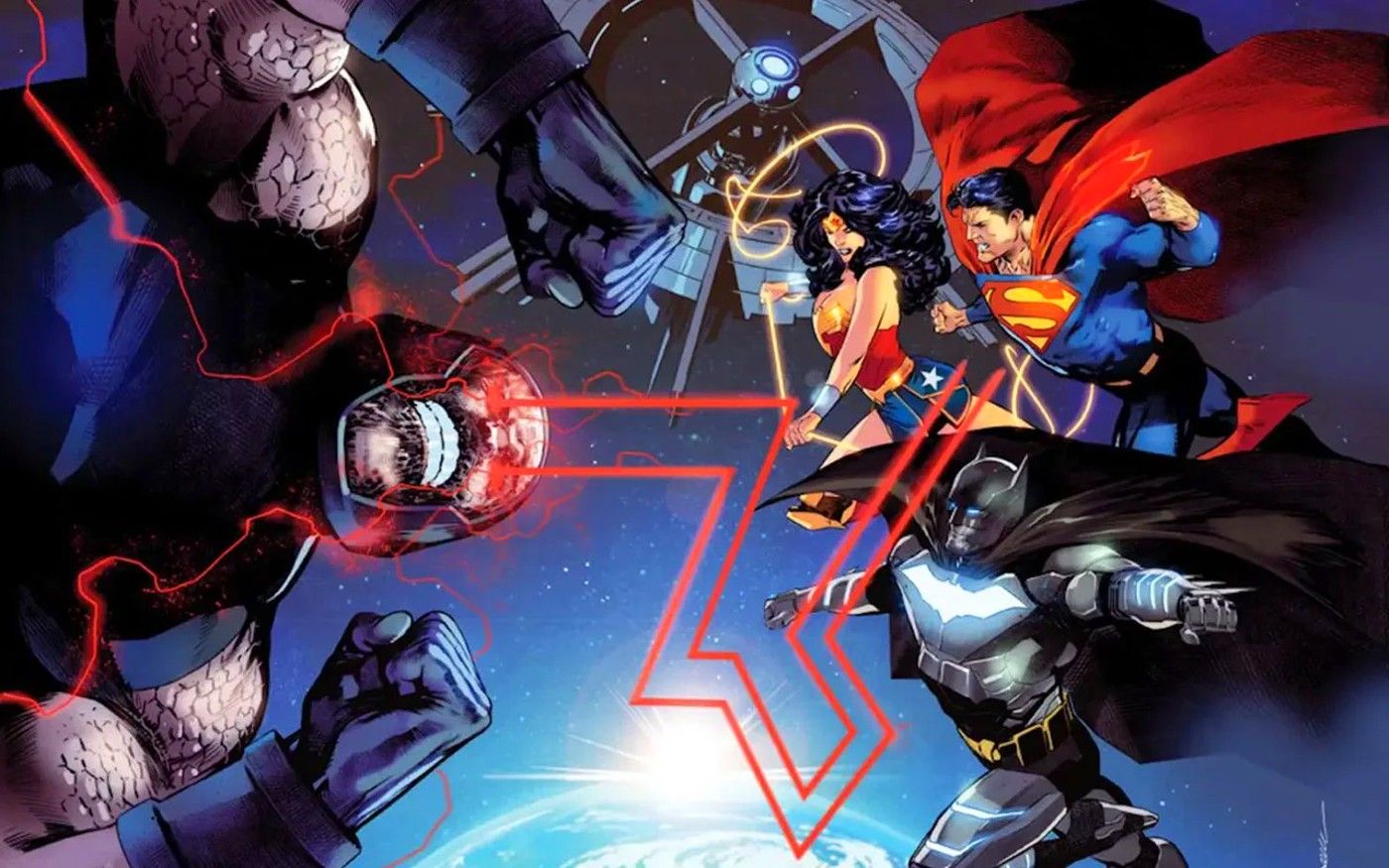 Darkseid luta contra a trindade da Liga da Justiça formada por Mulher Maravilha, Superman e Batman