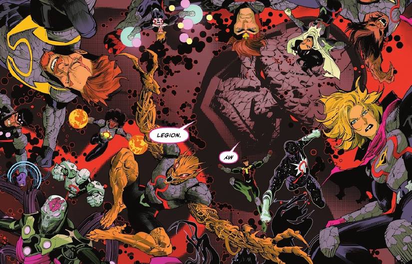Comic book page: Darkseid looms behind his evil Legion of Super-Heroes.