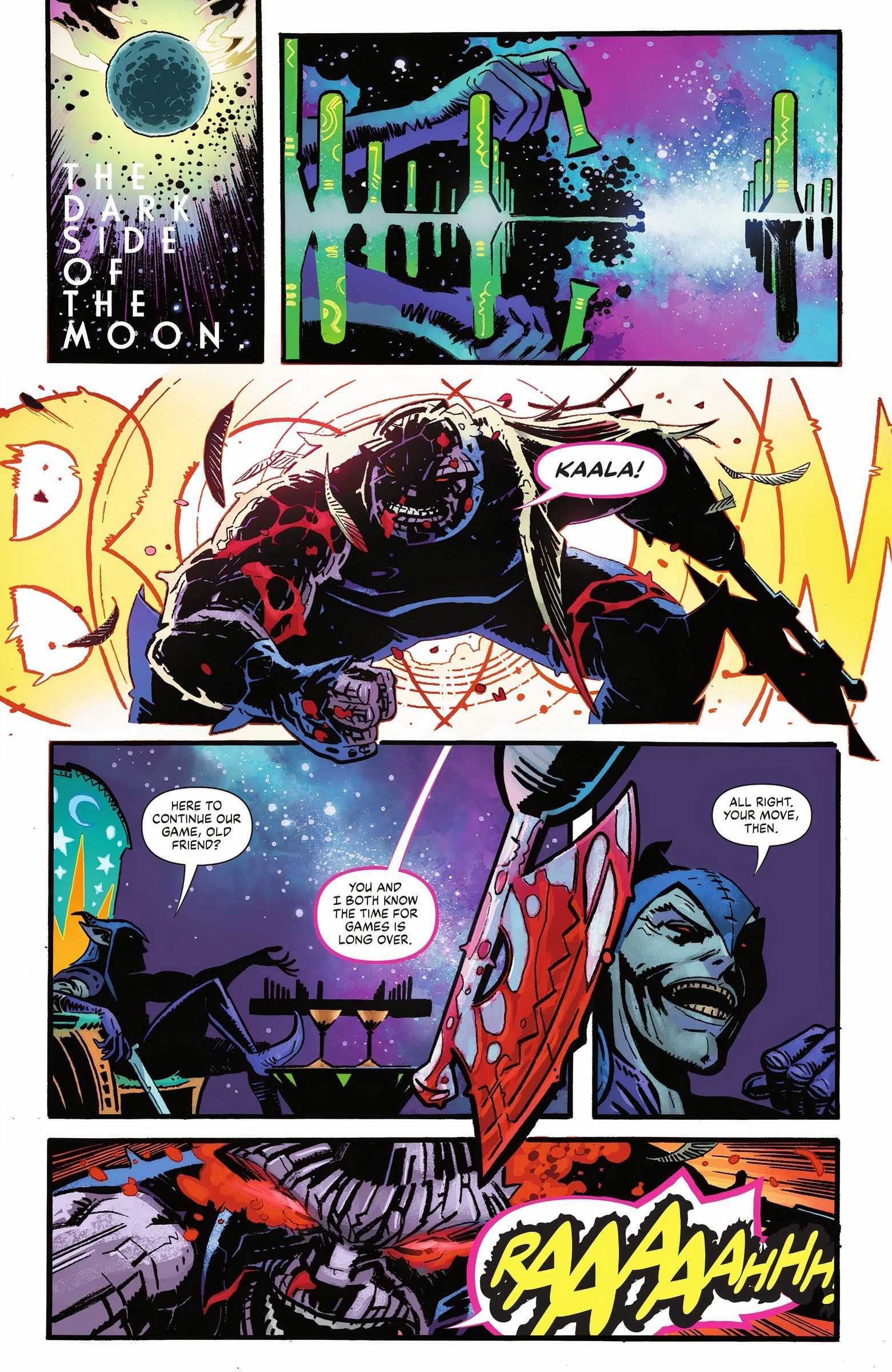 Cinco painéis de Darkseid desafiando Eclipso