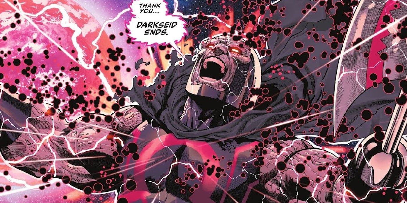 Comic book panel: Darkseid dies, exploding.