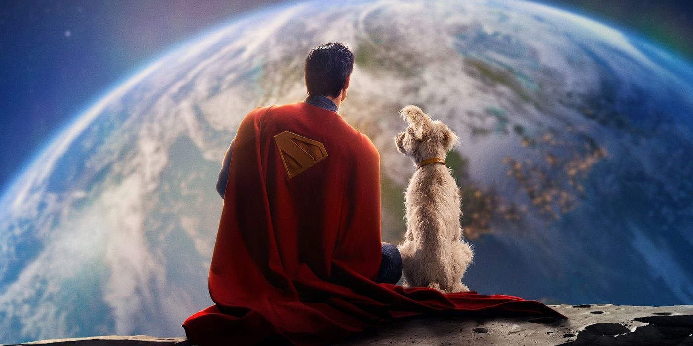 Superman and Krypto sitting on the moon looking at Earth