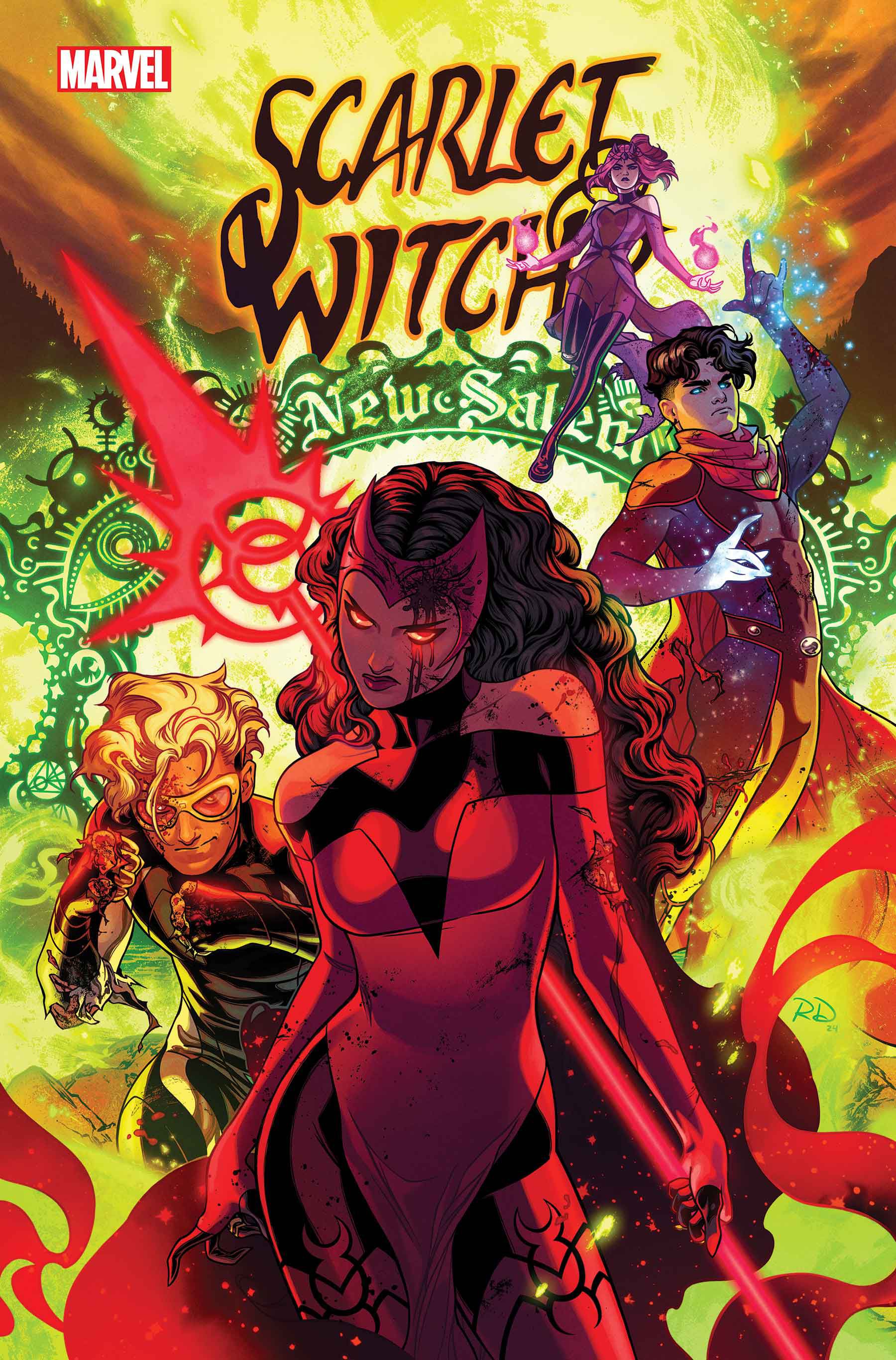 Scarlet Witch #7 2024 Russell Dauterman capa com Wanda, Wiccan, Speed ​​e Amaranth fora de New Salem