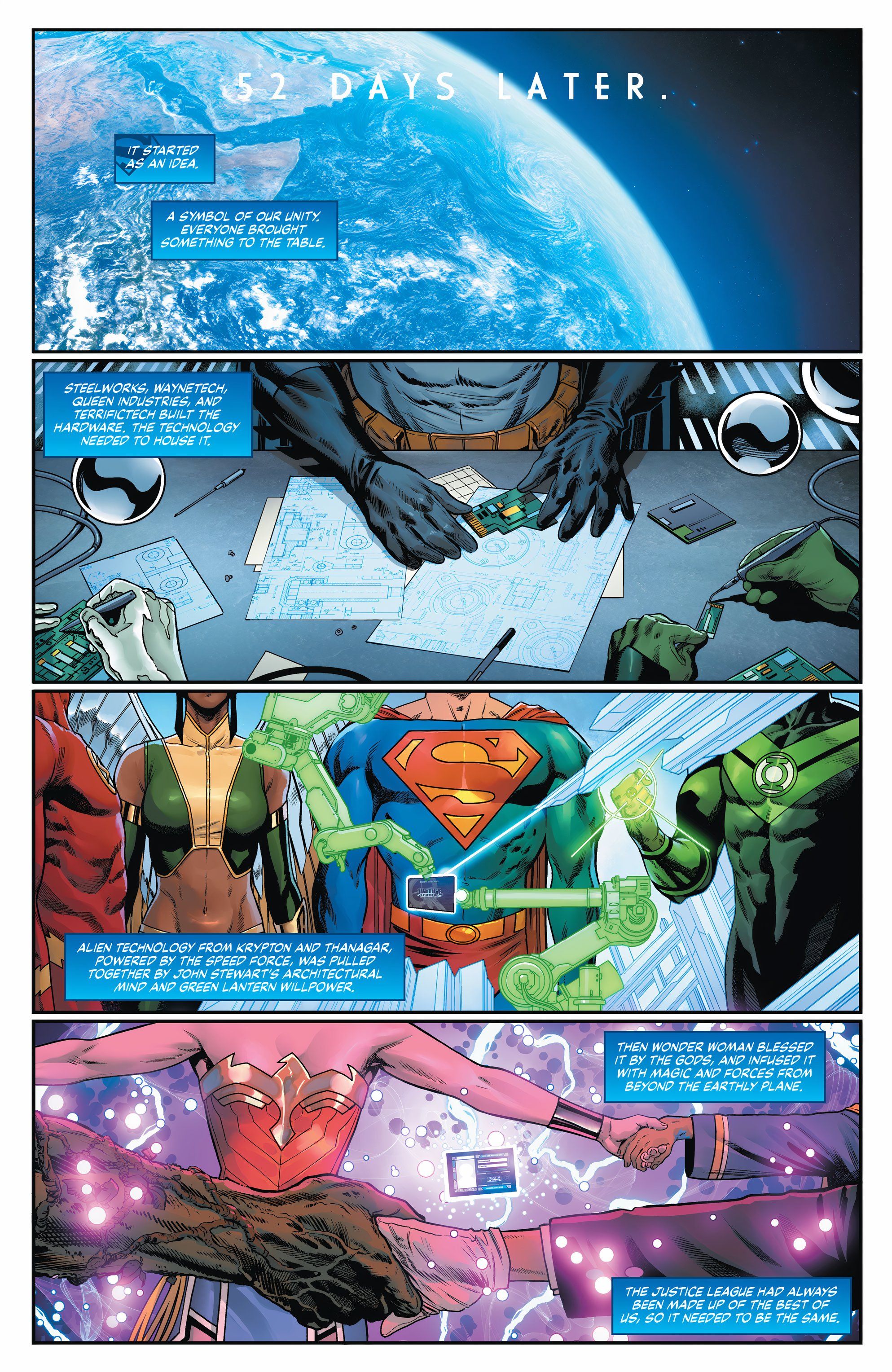 Comic Book Page: The Justice League makes plans together in space.