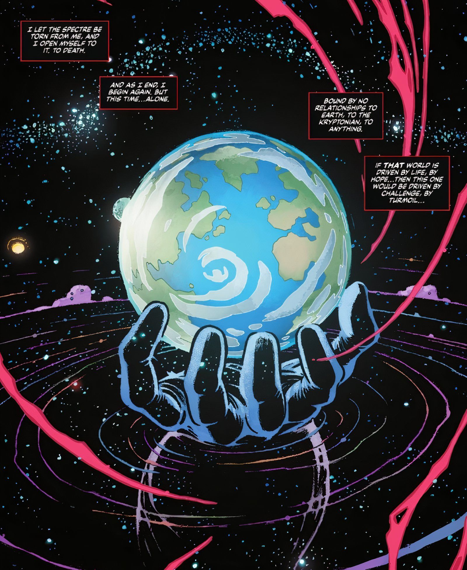 Comic book page: Darkseid holds the Absolute Universe Earth in a swirl of space.