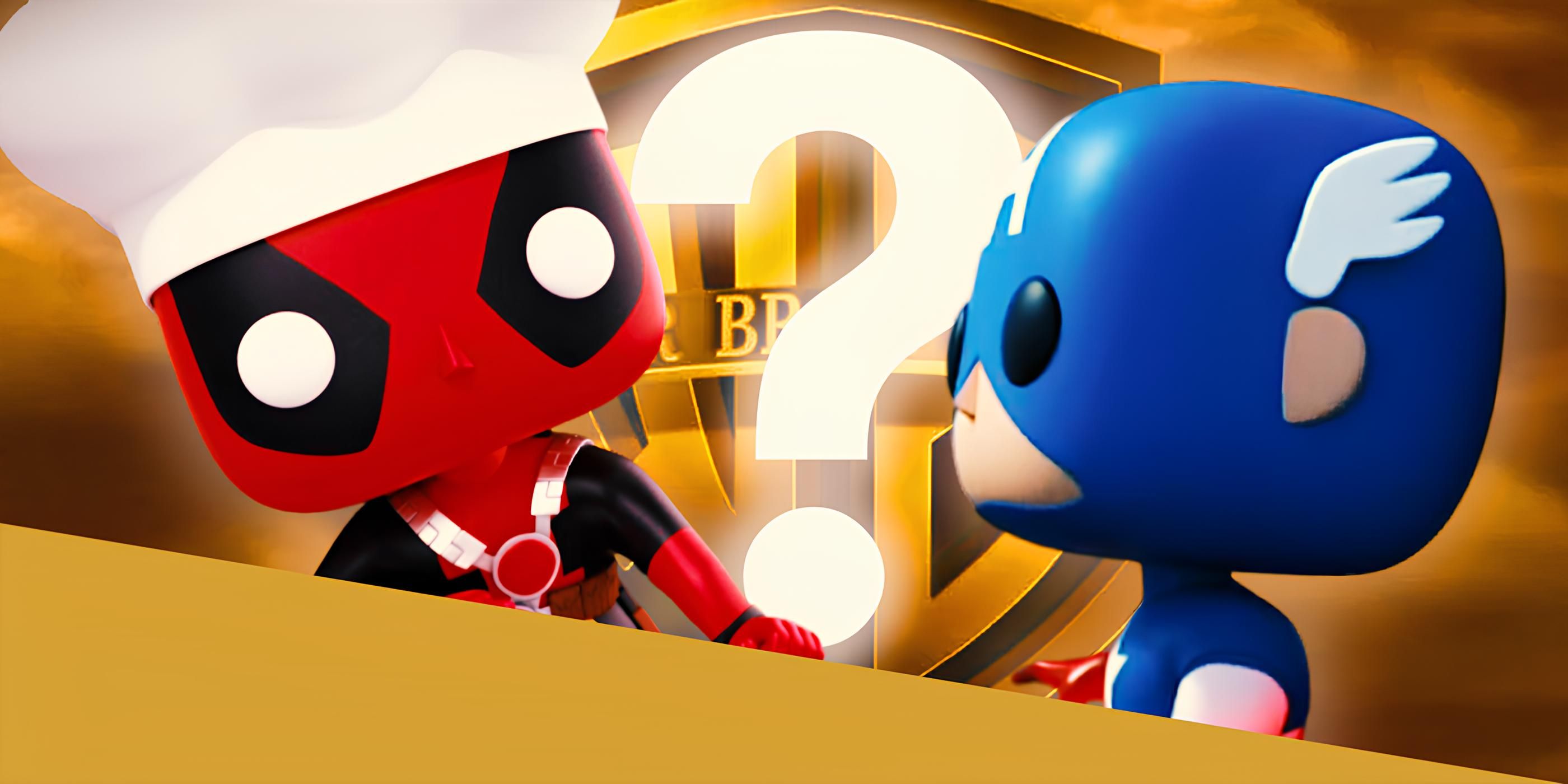 Deadpool and Captain America Funko Pops In Front of a Warner Bros Logo and a Question Mark