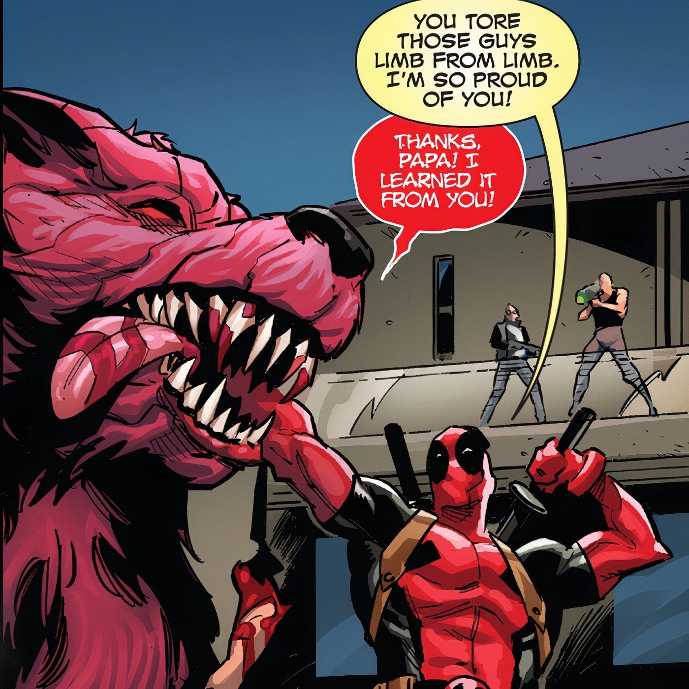 Deadpool elogiando sua cadela/filha simbionte, Princesa.