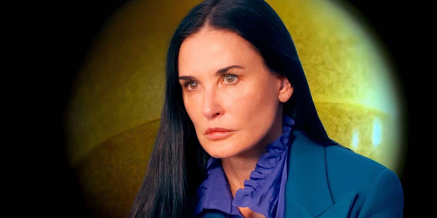 Demi Moore as Elisabeth Sparkle in front of a split cell from The Substance