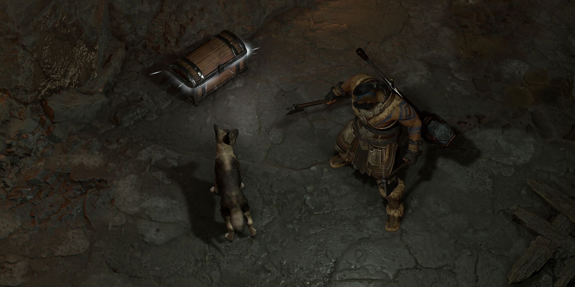 Un personaje y un perro mirando el cofre en el contenedor del odio de Diablo 4