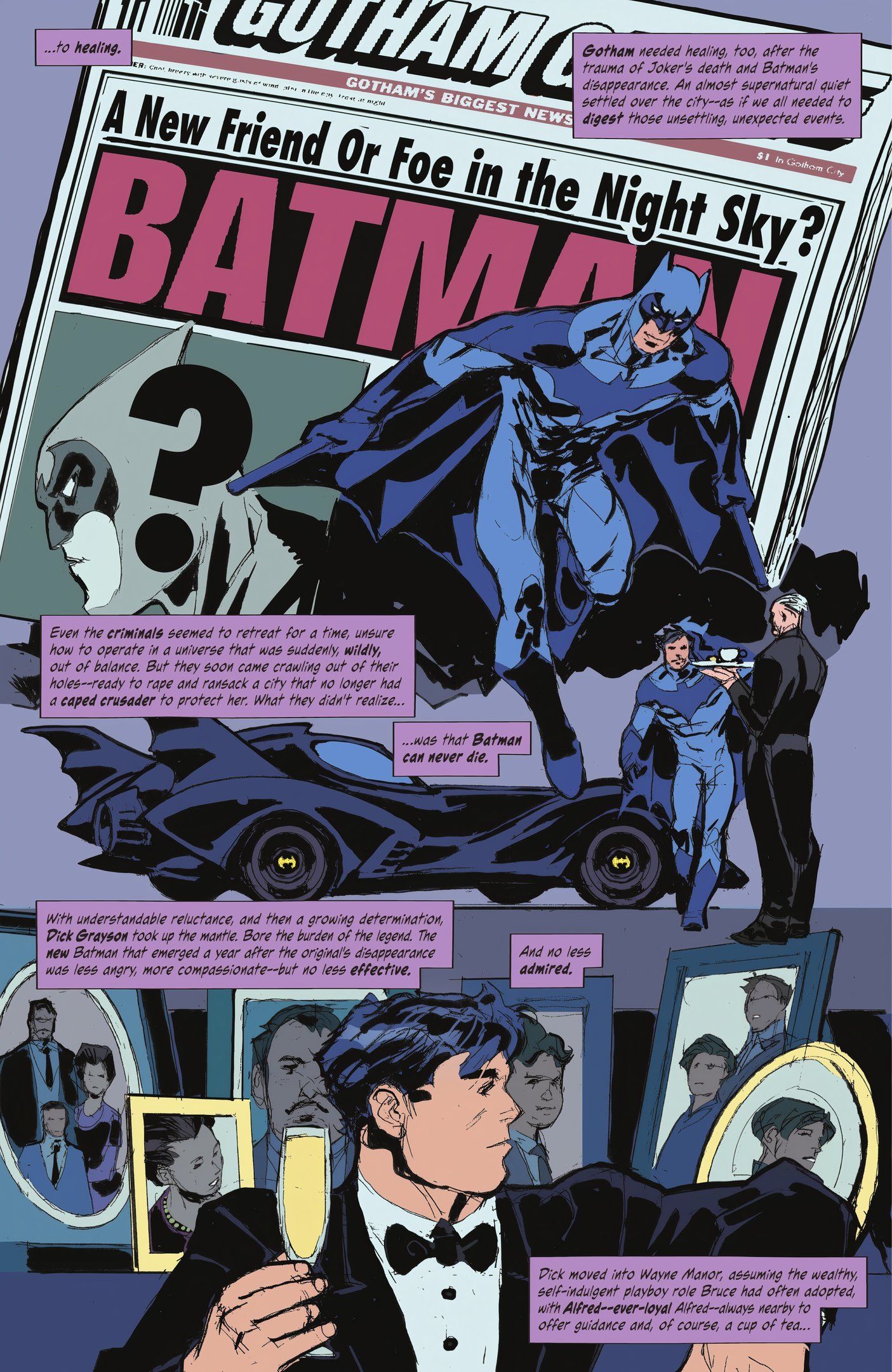  a collage of Dick Grayson's life as Batman, including a new blue Batsuit.