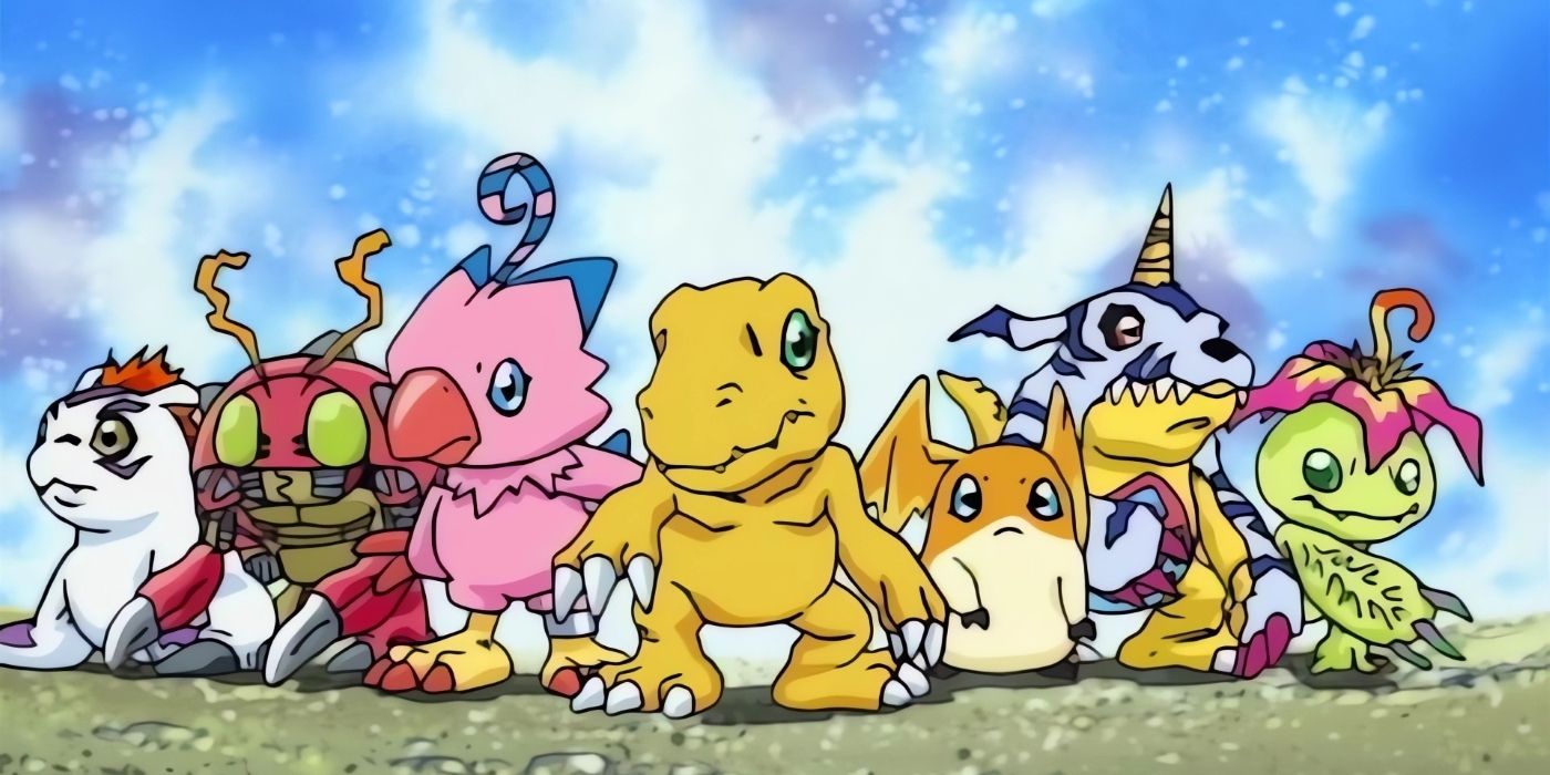 Digimon Adventure's partner monsters standing side by side in the intro theme. 