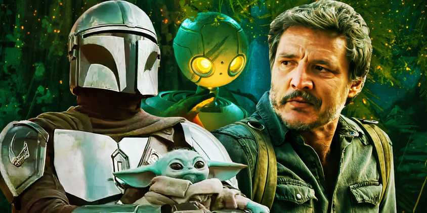 Din Djarin, fully helmeted and suited, holds Grogu in The Mandalorian. They're edited with Pedro Pascal's Joel Miller, who looks tearfully to the side with his backpack on. Both of them are edited over a poster for The Wild Robot, featuring Roz and Fink.
