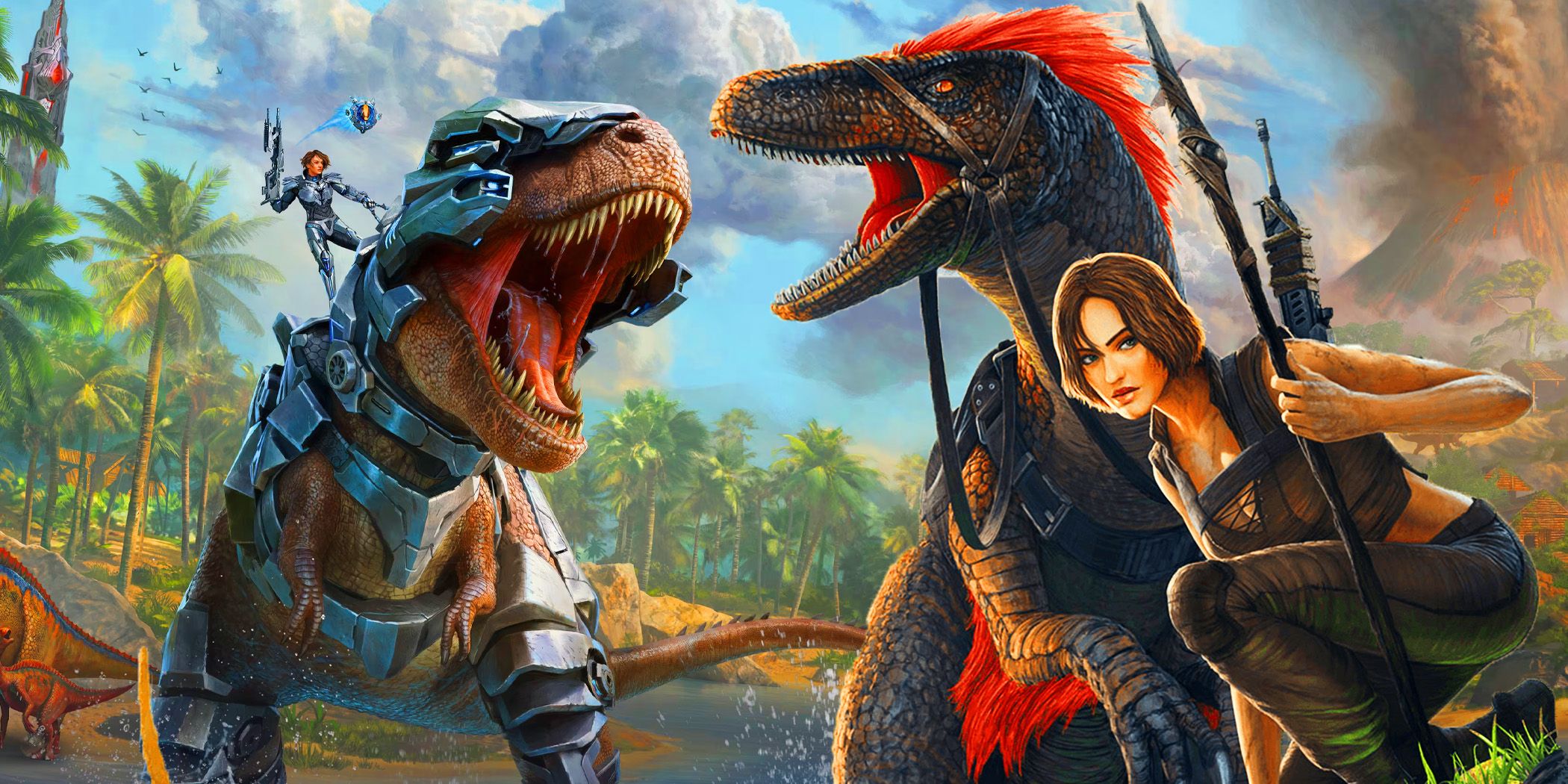 Un grupo de supervivientes y dinosaurios de Ark: Survival Ascended.