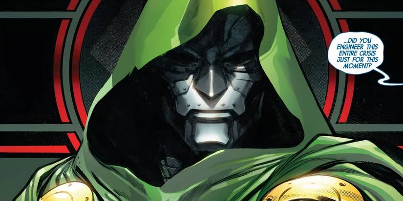 Comic book panel: a close up of Doctor Doom looking ahead with his hood up.