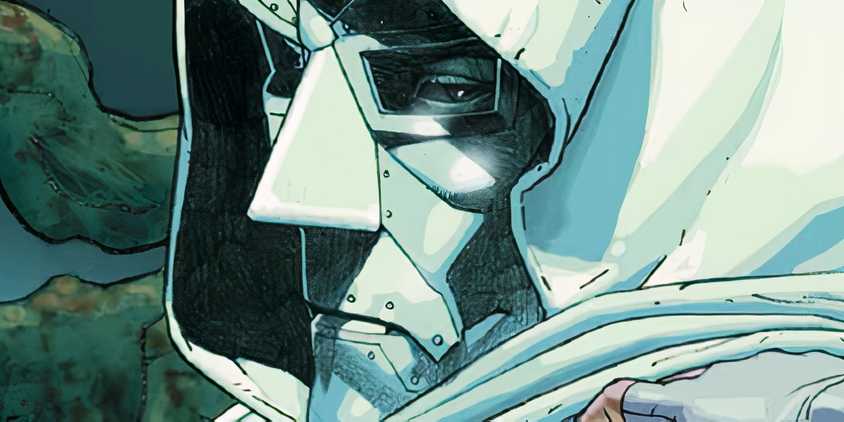 Comic book art: Doctor Doom looks at the reader through his mask.