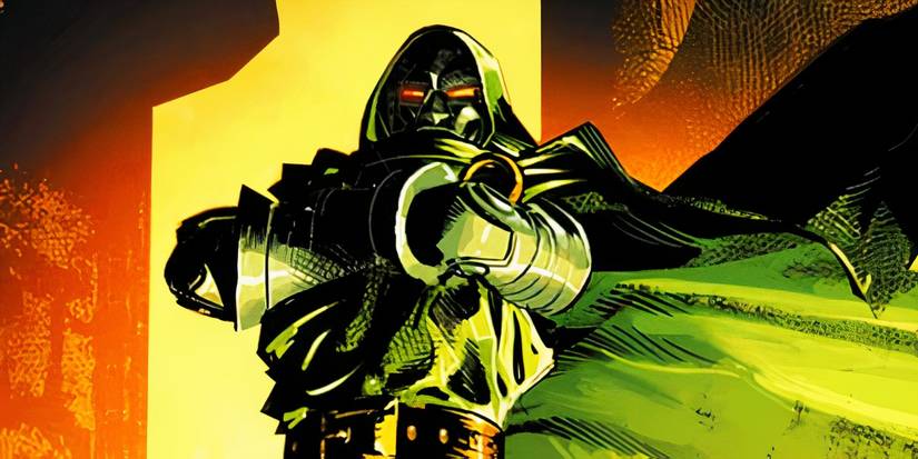 Comic book art: Doctor Doom poses with his arms crossed.