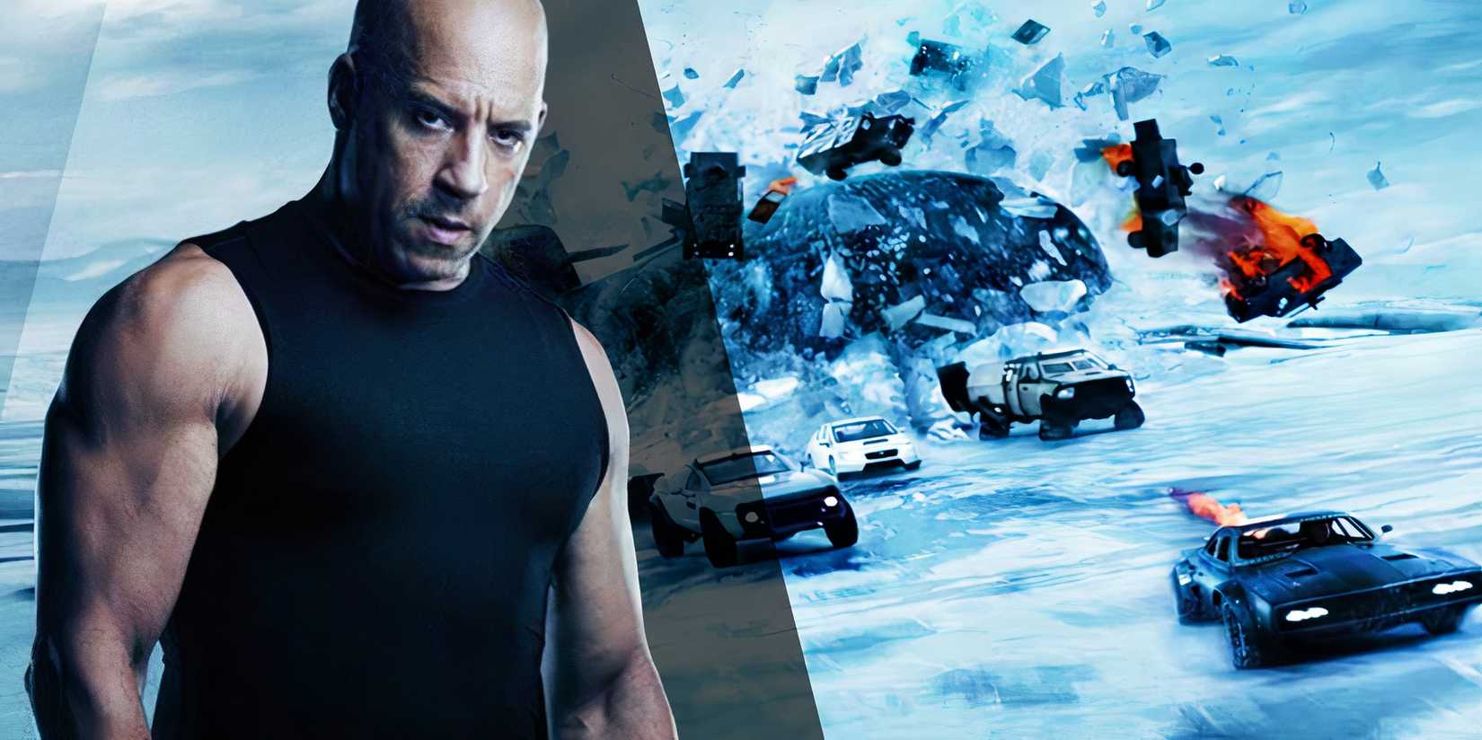 Vin Diesel as Dom Toretto next to the submarine crashing through the ice and many cars in The Fate of the Furious (2017)