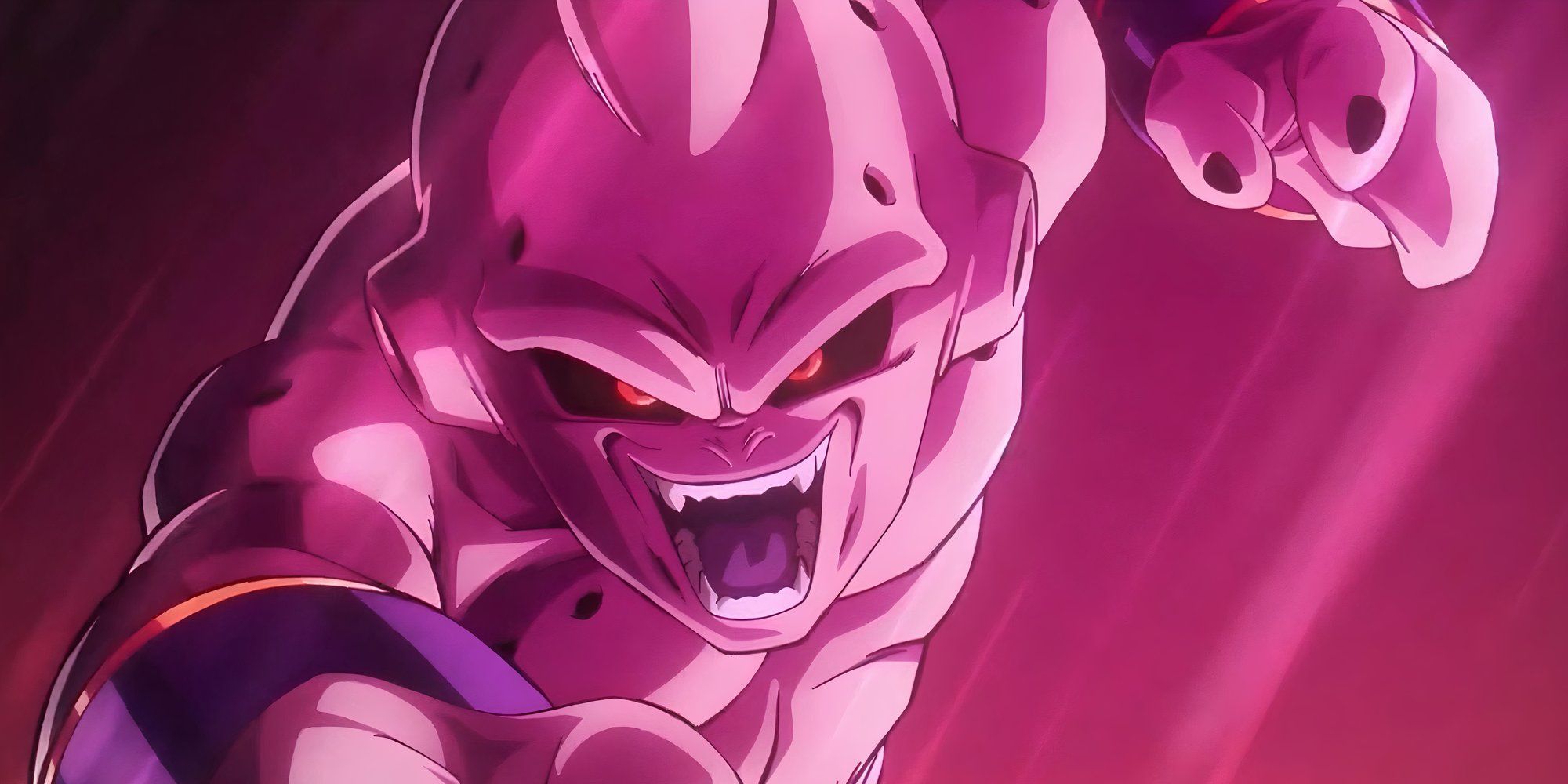 Image from Dragon Ball Daima anime Episode 1 shows Kid Buu laughing with an arm in the air while he's covered in a faint pink light.