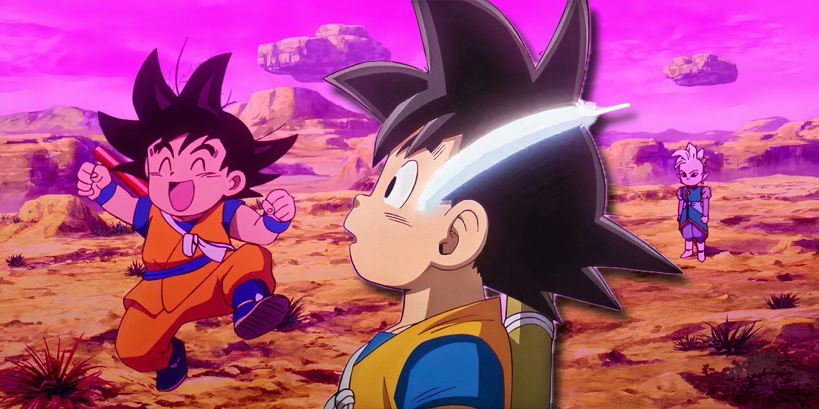 Goku looking up to the sky in front of a scene from Dragon Ball Daima.