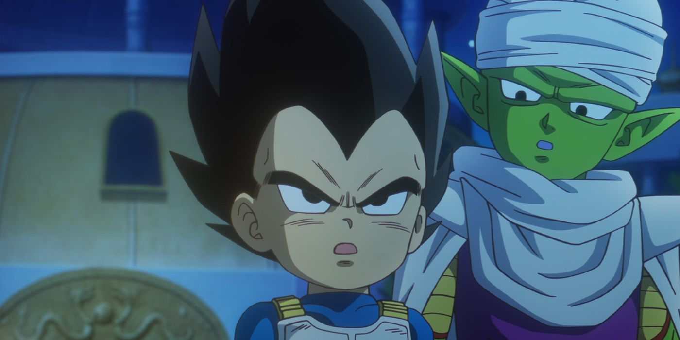 Vegeta e Piccolo em suas miniformas parecem descontentes.