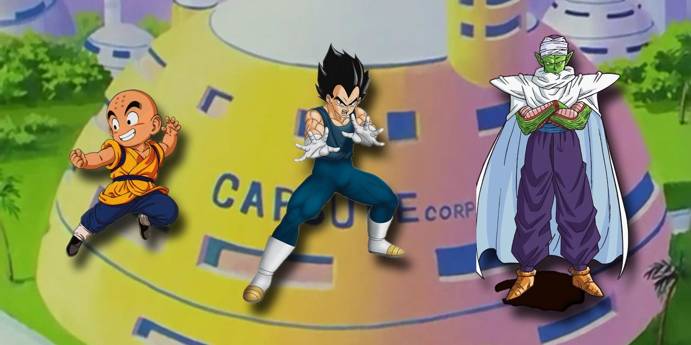 Krillin, Vegeta, and Piccolo in front of Capsule Corp.