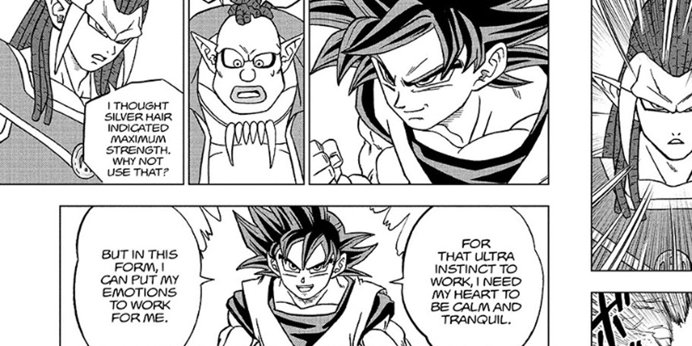 Goku explica a diferença entre este Ultra Instinto "Verdadeiro" e a versão Aperfeiçoada.