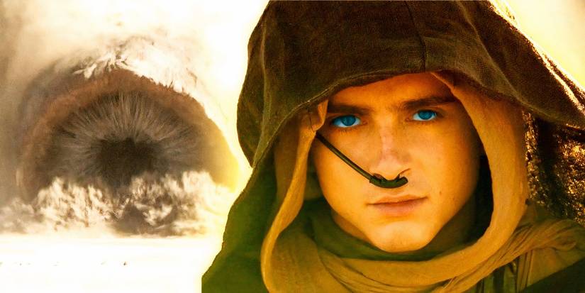 An edited image of Paul from Dune: Part Two next to a sandworm