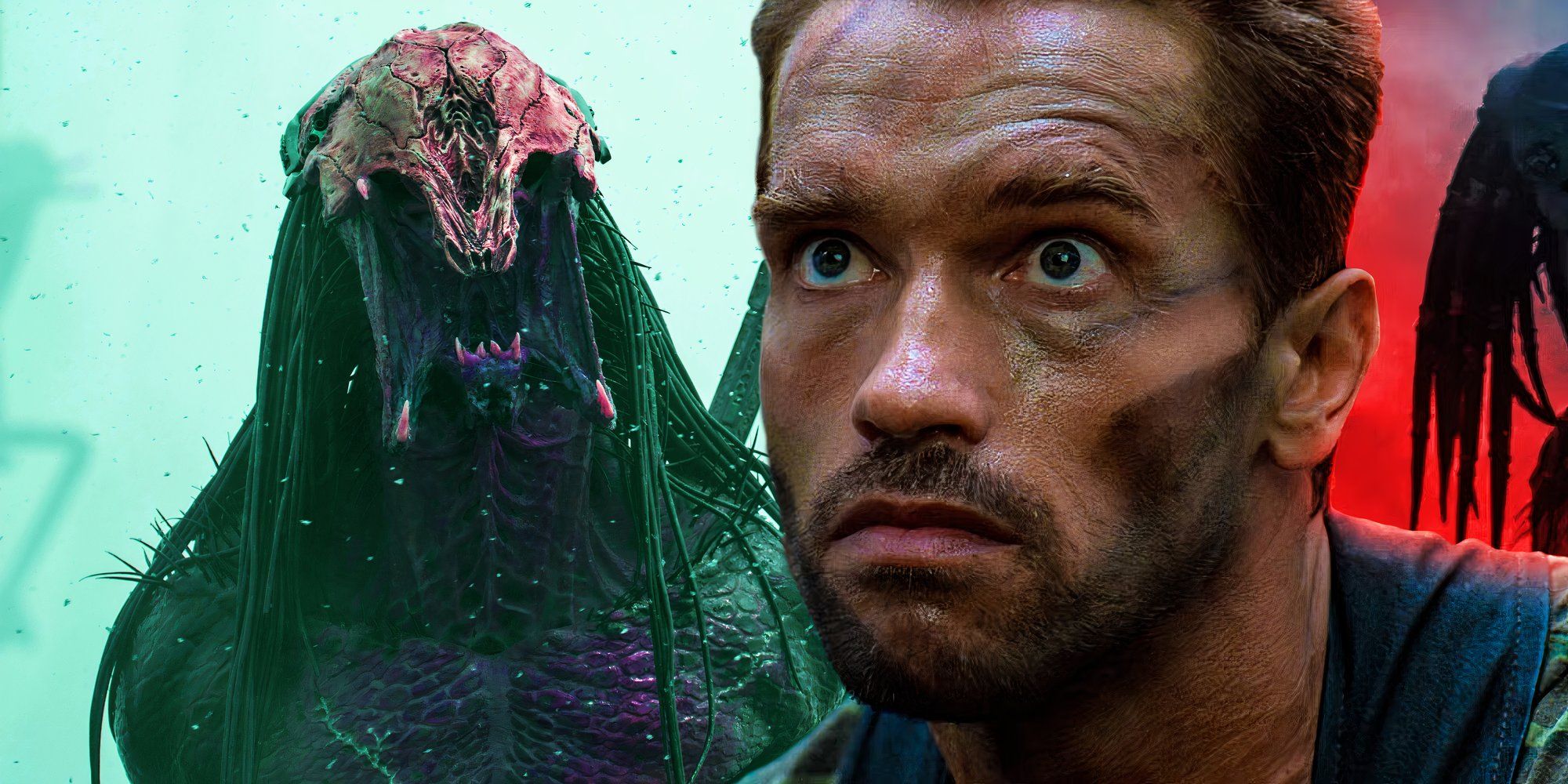 Dutch look worried in “Predator” (1987) next to the roaring Yautja in “Prey” (2022)