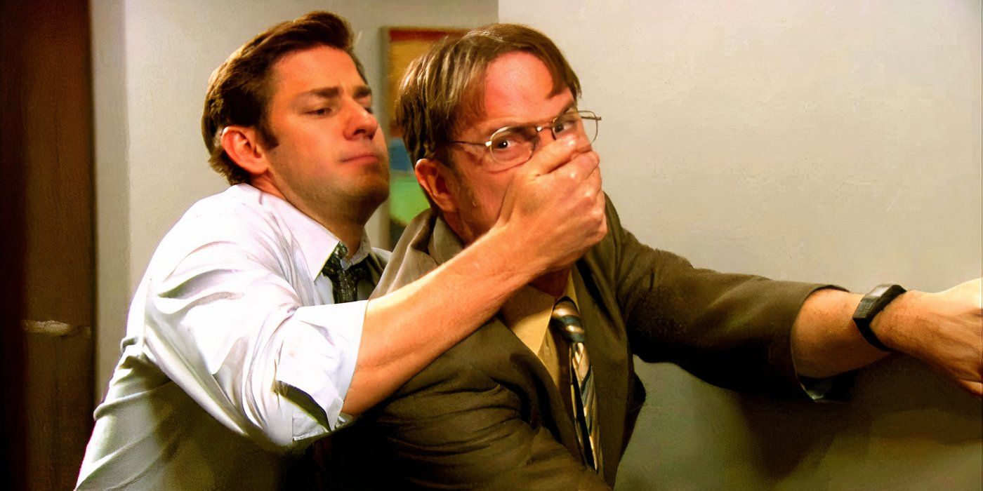 Dwight (Rainn Wilson) fights Jim (John Krasinski) in The Office