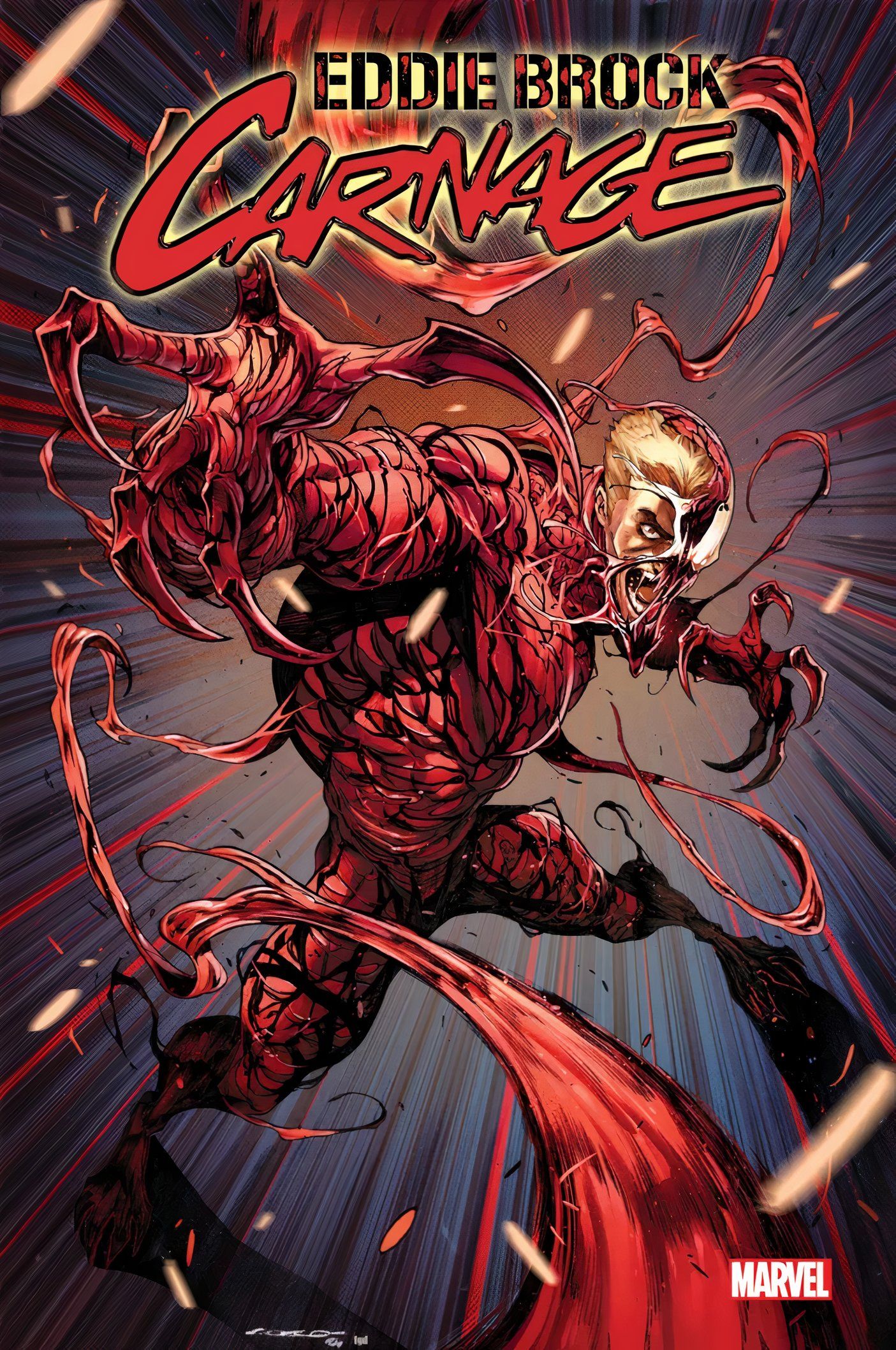 Eddie Brock: Capa do Carnage #1, Brock sendo consumido pelo simbionte Carnage enquanto seus tentáculos disparam em todas as direções.