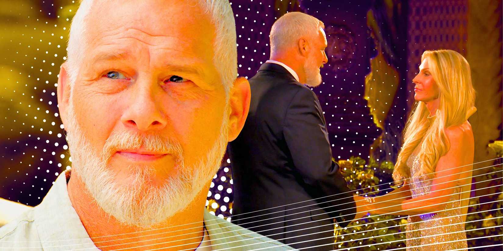  up close image of mark anderson pondering, with an image of himself and Golden Bachelorette Joan Vassos on night one