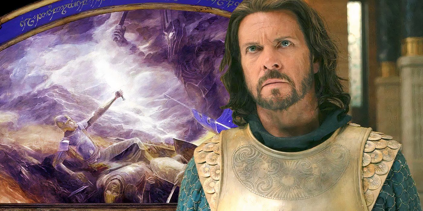 Lloyd Owen as Elendil in The Rings of Power (2024) next to a painting depicting Isildur defeating Sauron with Narsil