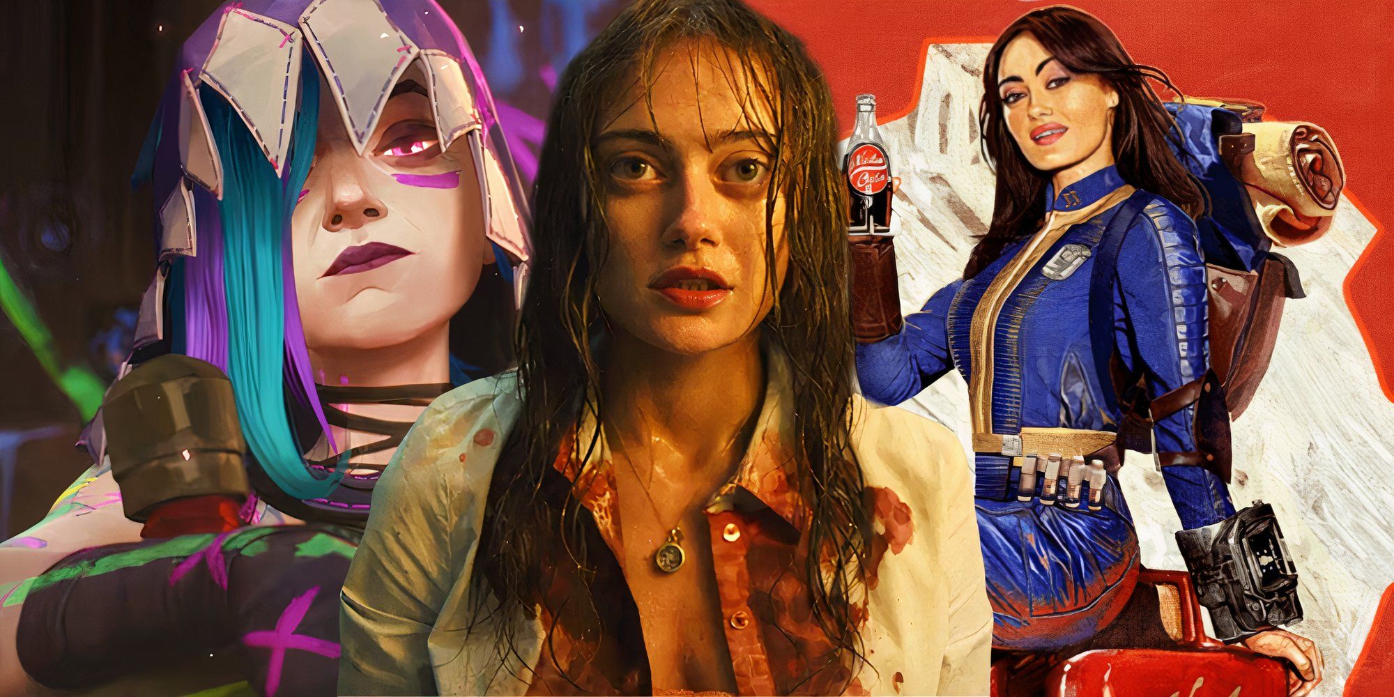 Ella Purnell looking wet and bloody as Rhiannon in Sweetpea (2024) between her as Lucy in Fallout (2024) and the character model of Jinx from Arcane season 2 (2024)