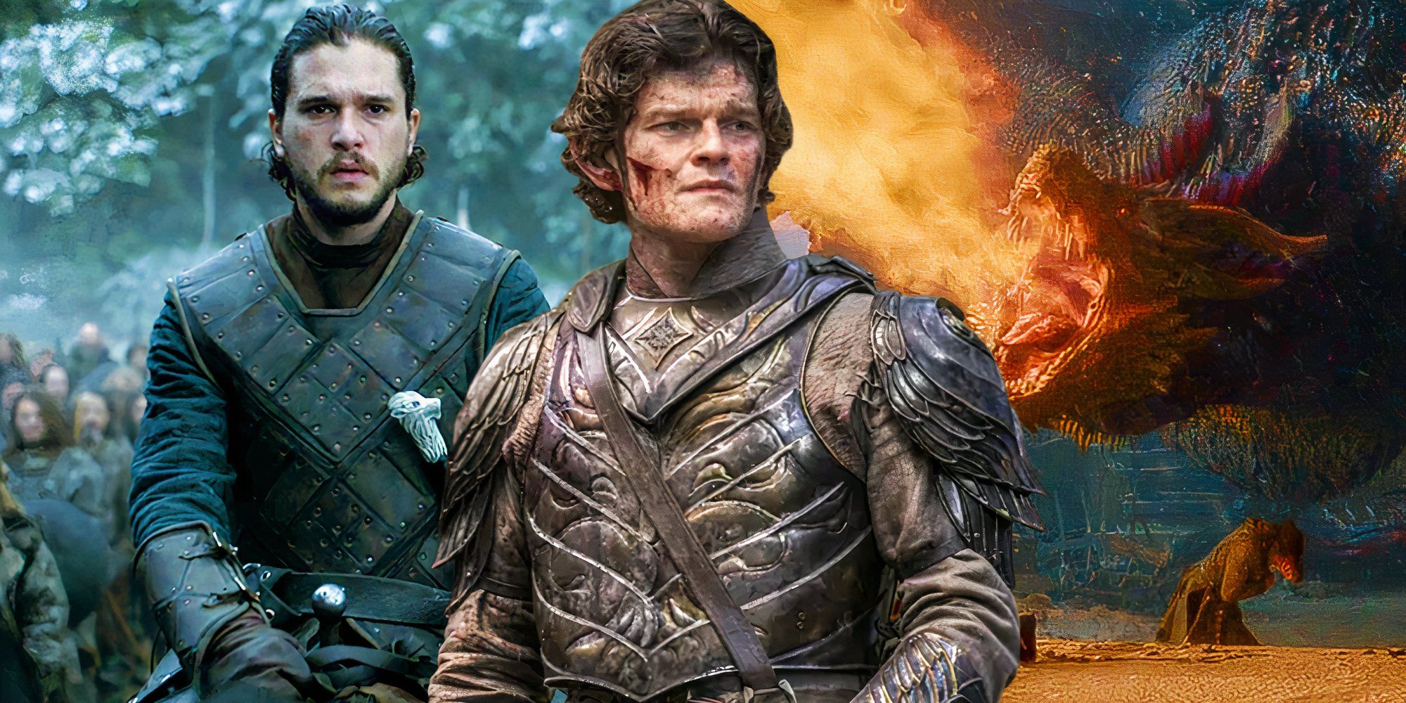 Robert Aramayo as Elrond in The Rings of Power (2022-) between Kit Harrington as Jon Snow and Drogon breathing fire in Game of Thrones (2011-2019)