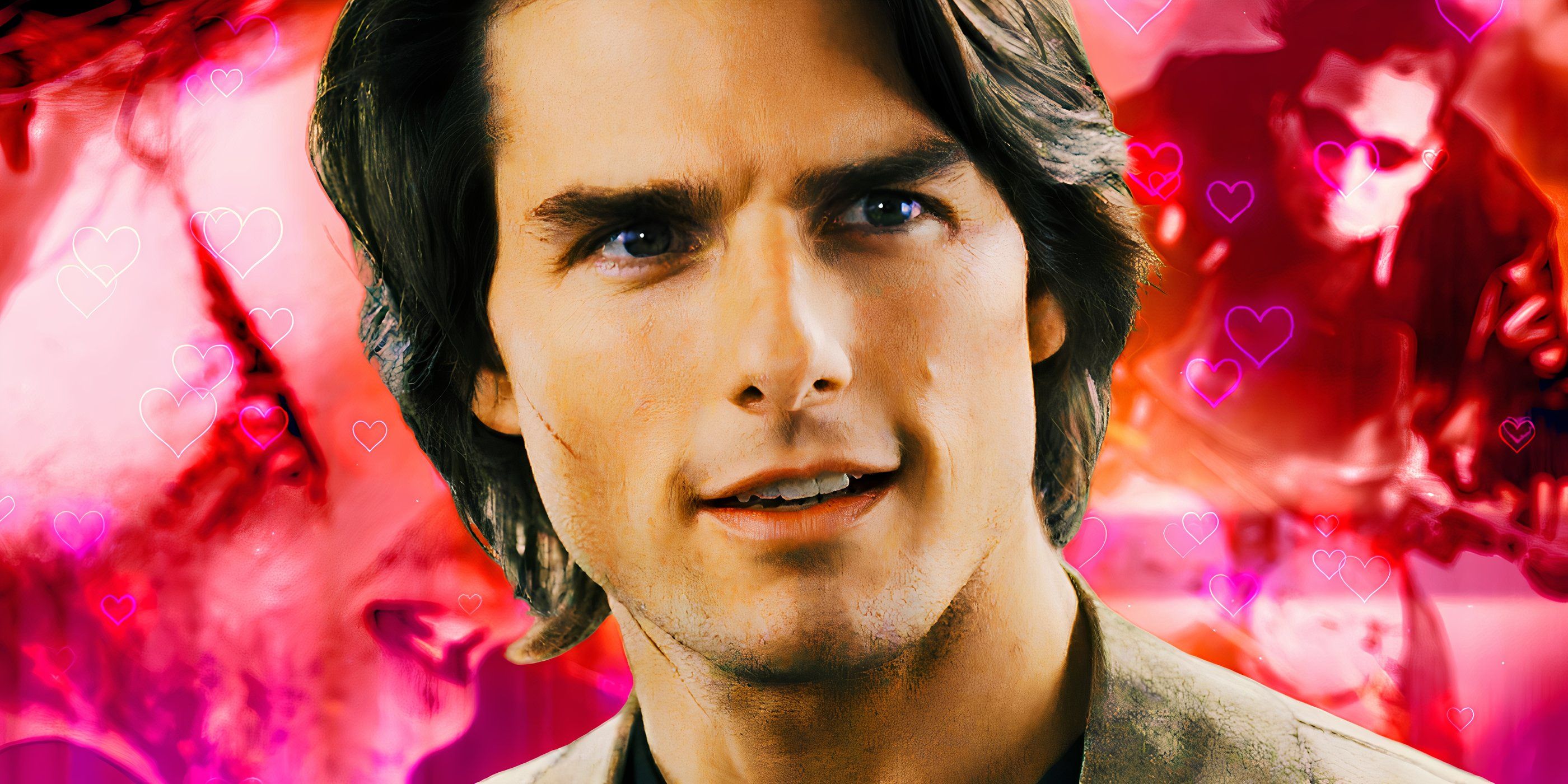 Tom Cruise as Ethan Hunt in the Mission: Impossible franchise on a pink background with lovehearts