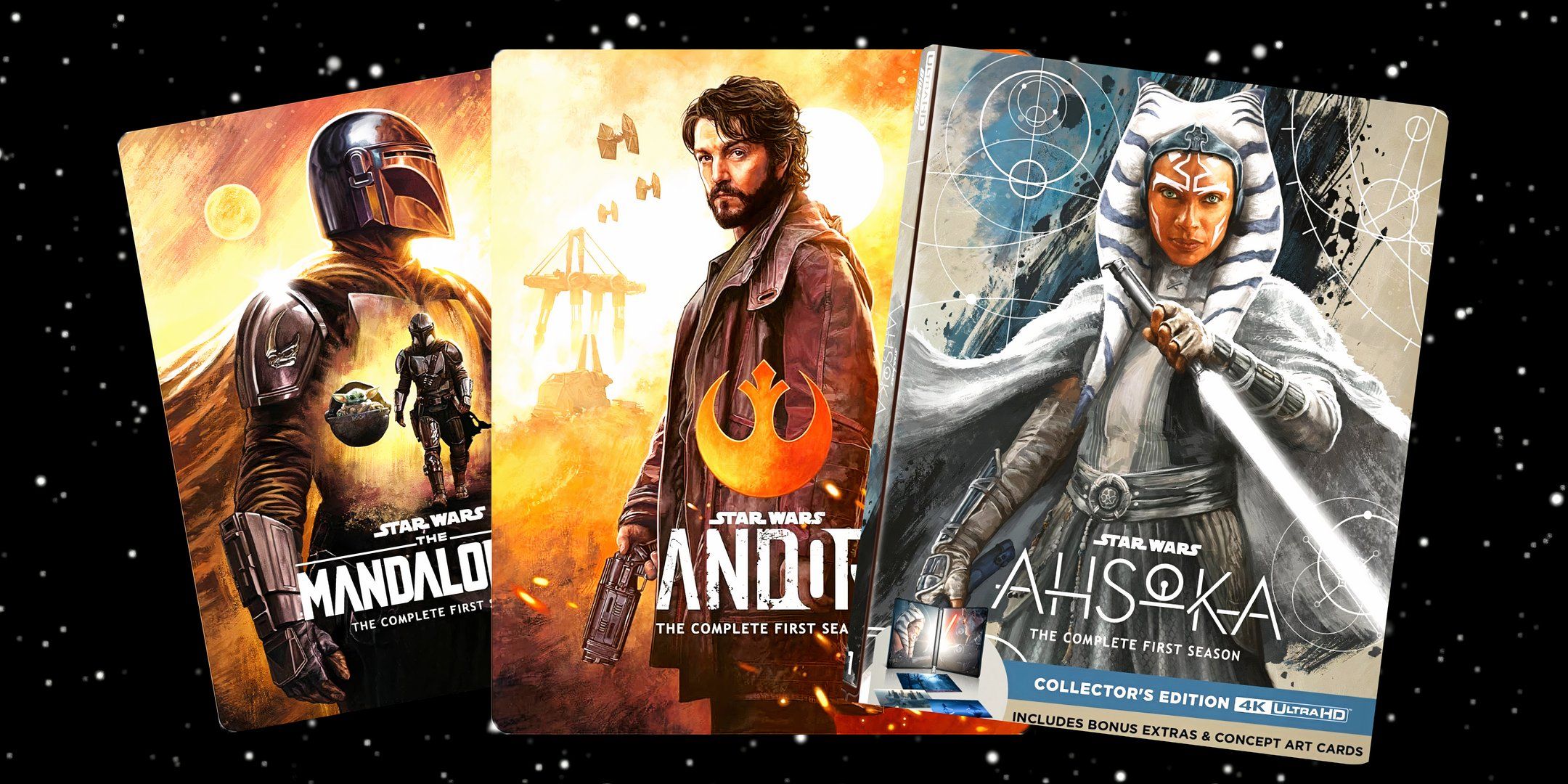 Blu-ray SteelBooks for The Mandalorian season 1, Andor season 1, and Ahsoka season 1.