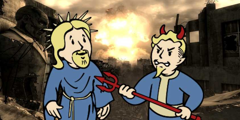 An explosion in the background with a good and evil Vault Boy from Fallout 3.